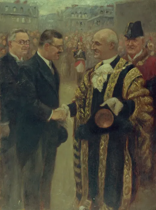 Framed Print : Sir George Broadbridge, Lord-Mayor of London, shaking hands with... 1937. Creator: Noel Dorville Framed Print : Sir George Broadbridge, Lord-Mayor of London, shaking hands with... 1937. Creator: Noel Dorville
