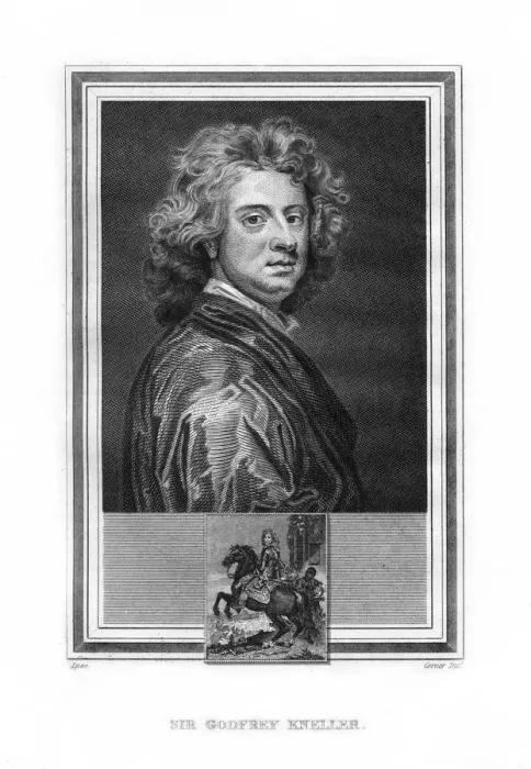 Framed Print : Sir Godfrey Kneller, German-born English Baroque era painter, (1825). Artist: John Corner Framed Print : Sir Godfrey Kneller, German-born English Baroque era painter, (1825). Artist: John Corner