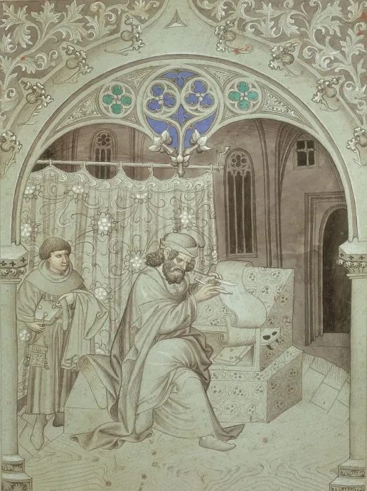 Framed Print : Sir John Mandeville writing an account of his voyage, c1410-c1420. Creator: Master of the Mandeville Travels Framed Print : Sir John Mandeville writing an account of his voyage, c1410-c1420. Creator: Master of the Mandeville Travels