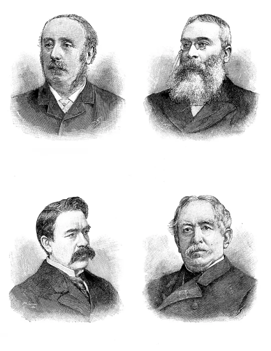 Framed Print : Sir Lewis Morris, Sir Walter Besant, Sir William Martin Conway, and Sir William Howard Russell, 1895. Creator: P Naumann Framed Print : Sir Lewis Morris, Sir Walter Besant, Sir William Martin Conway, and Sir William Howard Russell, 1895. Creator: P Naumann