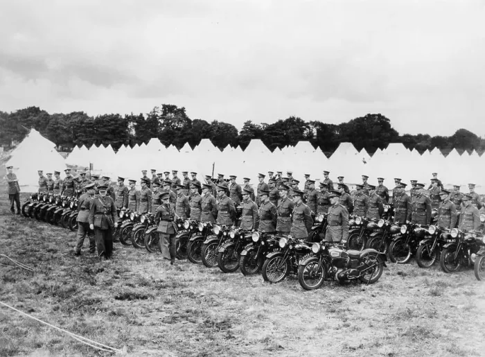 Framed Print : Sir Malcolm Campbell inspecting Territorial Army motorcycle reservists, c1938 Framed Print : Sir Malcolm Campbell inspecting Territorial Army motorcycle reservists, c1938