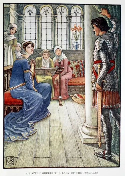 Framed Print : Sir Owen Greets the Lady of the Fountain, 1911 Framed Print : Sir Owen Greets the Lady of the Fountain, 1911