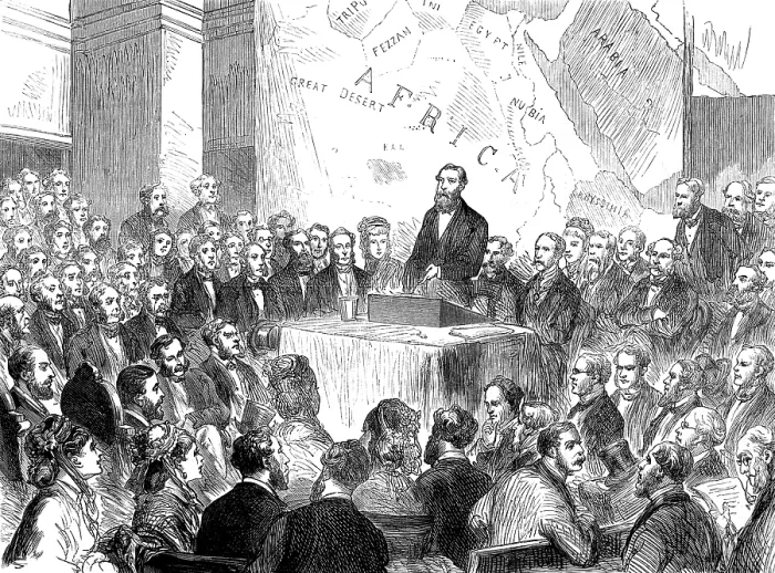 Framed Print : Sir Samuel Baker at the meeting of the Royal Geographical Society, 1873. Creator: Unknown Framed Print : Sir Samuel Baker at the meeting of the Royal Geographical Society, 1873. Creator: Unknown