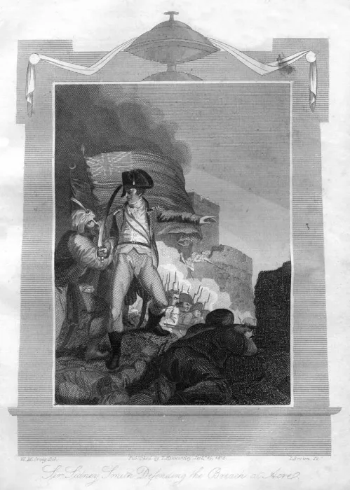 Framed Print : Sir Sydney Smith (1764-1840) defending the breach at Acre, 1816. Artist: I Brown Framed Print : Sir Sydney Smith (1764-1840) defending the breach at Acre, 1816. Artist: I Brown