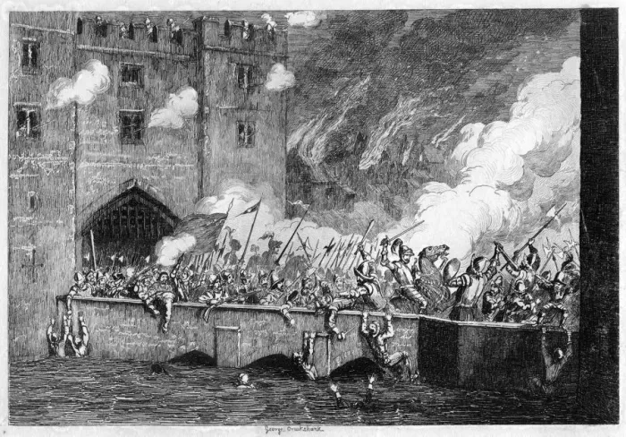 Framed Print : Sir Thomas Wyatt attacking the By-ward Tower, 1554 (1840). Artist: George Cruikshank Framed Print : Sir Thomas Wyatt attacking the By-ward Tower, 1554 (1840). Artist: George Cruikshank