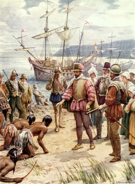 Framed Print : Sir Walter Raleigh Landing in Virginia, c1900. Creator: Howard Davie Framed Print : Sir Walter Raleigh Landing in Virginia, c1900. Creator: Howard Davie