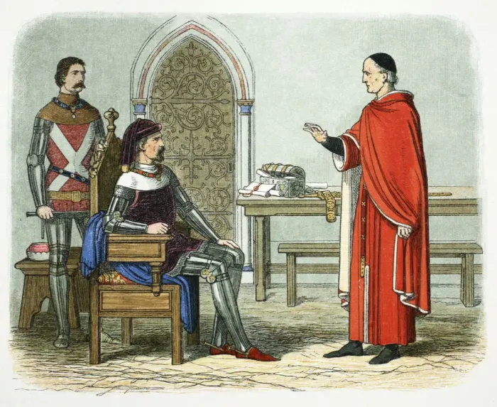 Framed Print : Sir William Gascoigne refuses to sentence a prelate or peer, 1405 (1864). Artist Framed Print : Sir William Gascoigne refuses to sentence a prelate or peer, 1405 (1864). Artist