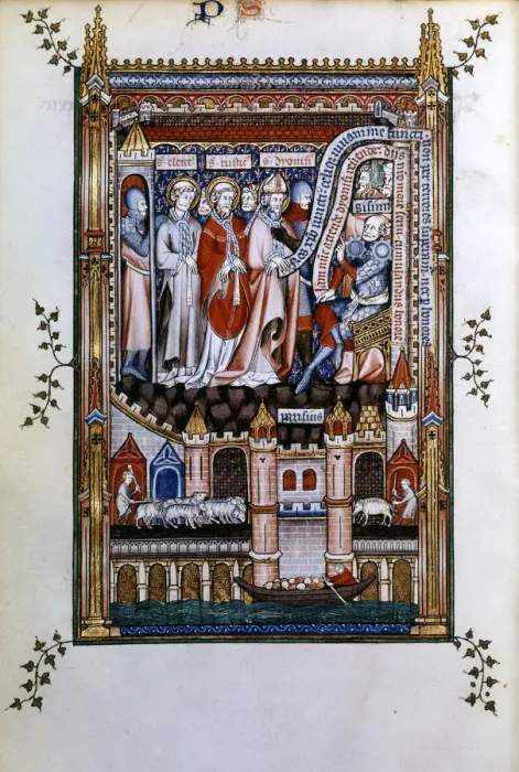 Framed Print : Sisinnius exhorts St Denis to renounce his faith, 1317 Framed Print : Sisinnius exhorts St Denis to renounce his faith, 1317