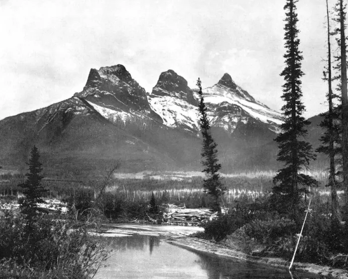 Framed Print : The Three Sisters, Canmore, Canadian Pacific Railway, 1893. Artist: John L Stoddard Framed Print : The Three Sisters, Canmore, Canadian Pacific Railway, 1893. Artist: John L Stoddard