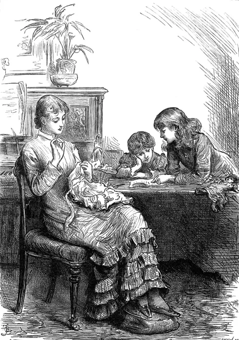 Framed Print : She had made her sisters pinafores when they were younger... 1880. Creator: Joseph Swain Framed Print : She had made her sisters pinafores when they were younger... 1880. Creator: Joseph Swain