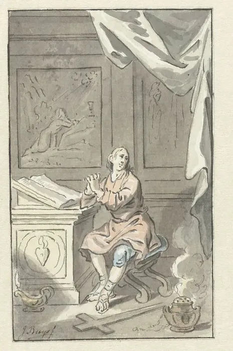 Framed Print : Sitting man with folded hands, before a Bible, c.1734-c.1801. Creator: Jacobus Buys Framed Print : Sitting man with folded hands, before a Bible, c.1734-c.1801. Creator: Jacobus Buys