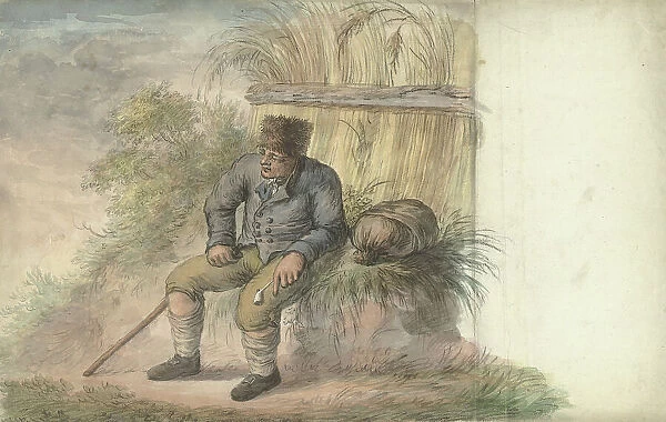 Sitting man with pipe on the side of the road, 1700-1800. Creator: Anon