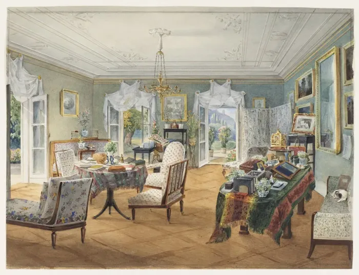 Framed Print : Sitting Room in a Country Estate, 1830-1840s. Artist: Anonymous Framed Print : Sitting Room in a Country Estate, 1830-1840s. Artist: Anonymous