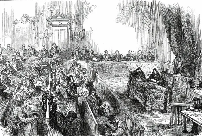 Framed Print : Sitting of the Skouptschina, or Parliament of Servia, 1876. Creator: Unknown Framed Print : Sitting of the Skouptschina, or Parliament of Servia, 1876. Creator: Unknown