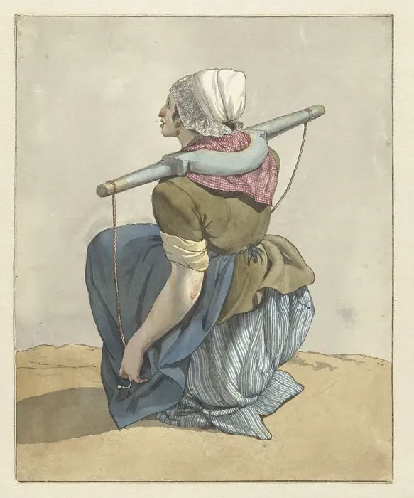 Framed Print : Sitting woman with a yoke on her shoulders, 1700-1800. Creator: W. Barthautz Framed Print : Sitting woman with a yoke on her shoulders, 1700-1800. Creator: W. Barthautz