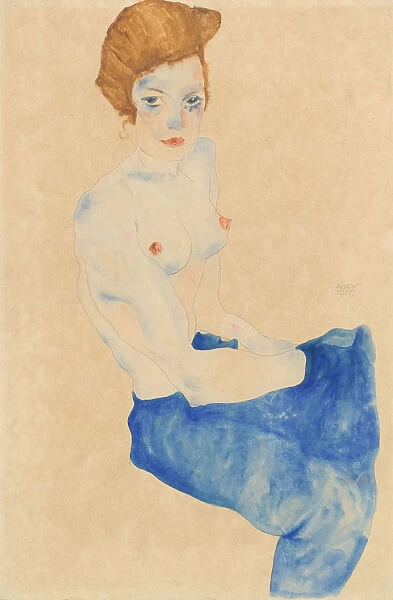 Sitting young woman, half nude with blue skirt (Wally Neuzil)