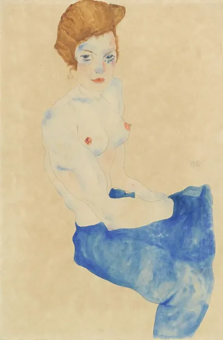 Framed Print : Sitting young woman, half nude with blue skirt (Wally Neuzil) Framed Print : Sitting young woman, half nude with blue skirt (Wally Neuzil)