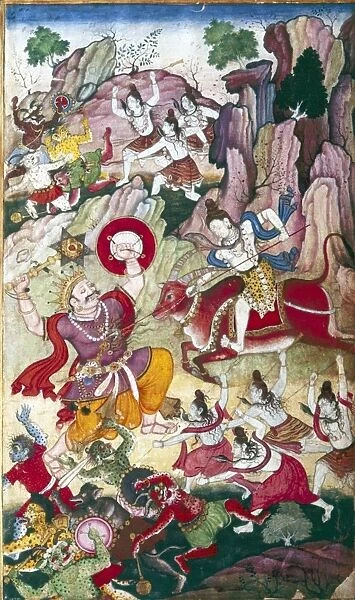 Siva destroys the demon Andhaka, Harivamsa manuscript, Mughul, c1590