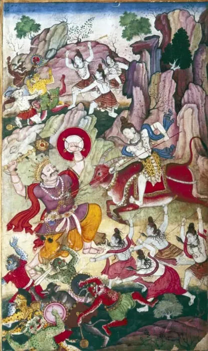 Framed Print : Siva destroys the demon Andhaka, Harivamsa manuscript, Mughul, c1590 Framed Print : Siva destroys the demon Andhaka, Harivamsa manuscript, Mughul, c1590