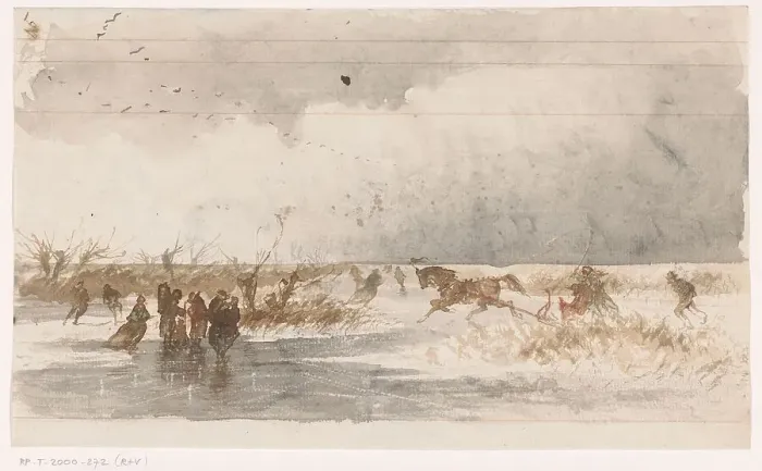 Framed Print : Skaters and horse sleigh on the ice, 1840-1880. Creator: Johannes Tavenraat Framed Print : Skaters and horse sleigh on the ice, 1840-1880. Creator: Johannes Tavenraat