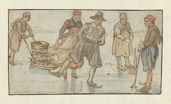 Skaters on the Ice, a Man Pushing a Sledge and a Kolf-player  /  verso: Two Skaters, c.1620-c.1625. Creator: Hendrick Avercamp