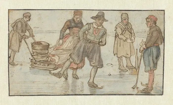 Framed Print : Skaters on the Ice, a Man Pushing a Sledge and a Kolf-player / verso: Two Skaters, c.1620-c.1625. Creator: Hendrick Avercamp Framed Print : Skaters on the Ice, a Man Pushing a Sledge and a Kolf-player / verso: Two Skaters, c.1620-c.1625. Creator: Hendrick Avercamp