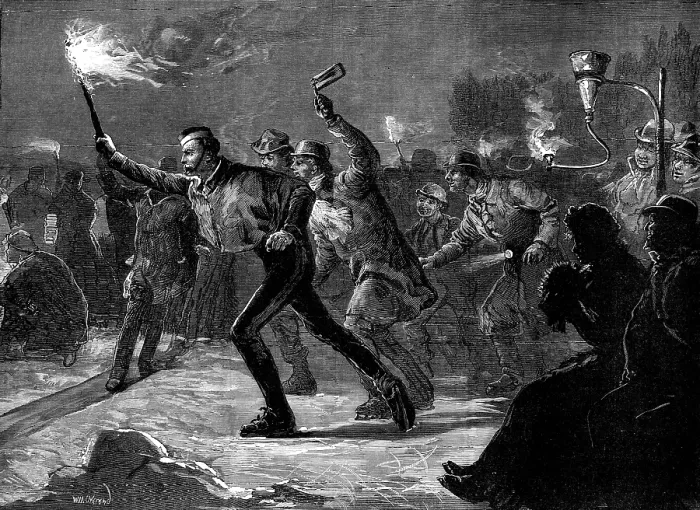 Framed Print : Skating on the Serpentine by torchlight - 'follow my leader', 1881. Creator: Unknown Framed Print : Skating on the Serpentine by torchlight - 'follow my leader', 1881. Creator: Unknown