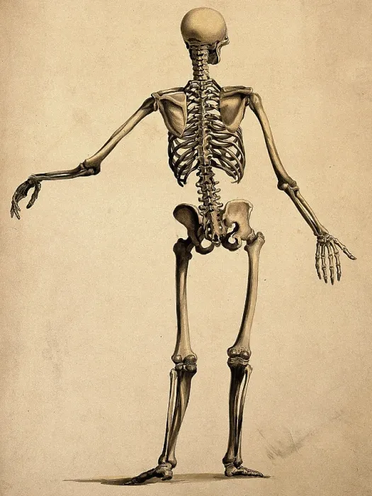 Framed Print : Skeleton, seen from behind, with left arm outstretched, 1830-1835. Creator: Bernhard Siegfried Albinus Framed Print : Skeleton, seen from behind, with left arm outstretched, 1830-1835. Creator: Bernhard Siegfried Albinus