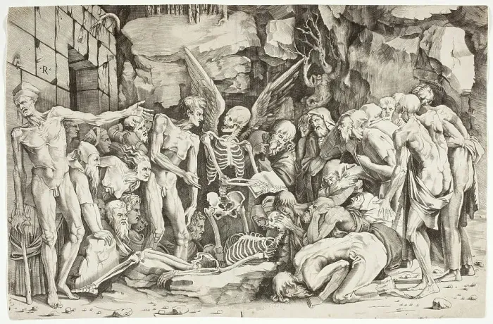 Framed Print : The Skeletons, between 1518 and 1525. Creators: Marco Dente, Baccio Bandinelli Framed Print : The Skeletons, between 1518 and 1525. Creators: Marco Dente, Baccio Bandinelli