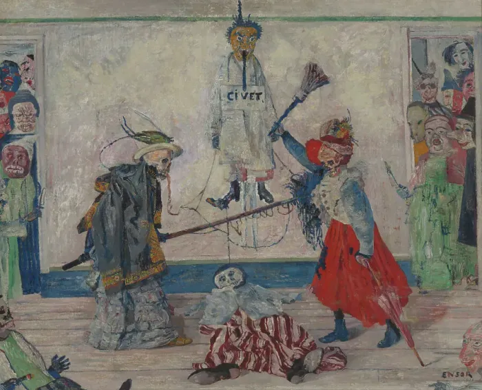 Framed Print : Skeletons Fighting over the Body of a Hanged Man, 1891. Creator: James Ensor Framed Print : Skeletons Fighting over the Body of a Hanged Man, 1891. Creator: James Ensor