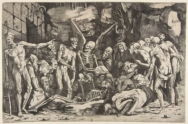 The Skeletons, a group of emaciated men and women gathered around a skeleton laid on th