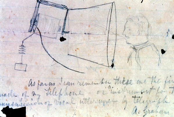 Sketch of Alexander Graham Bells telephone of 1876. Artist: Alexander Graham Bell
