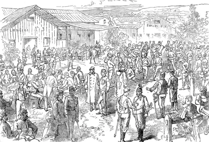 Framed Print : Sketch in the Austrian camp at Bruck: evening amusements, 1871. Creator: Unknown Framed Print : Sketch in the Austrian camp at Bruck: evening amusements, 1871. Creator: Unknown