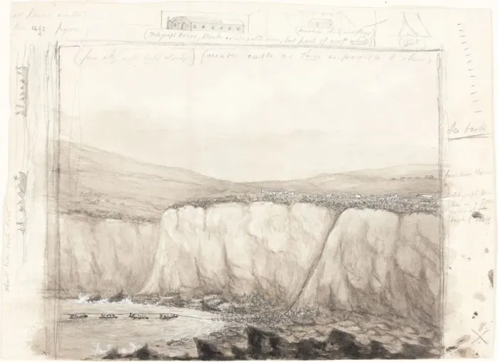 Framed Print : Sketch of Boats near a Cliff, mid 19th century. Creator: Unknown Framed Print : Sketch of Boats near a Cliff, mid 19th century. Creator: Unknown
