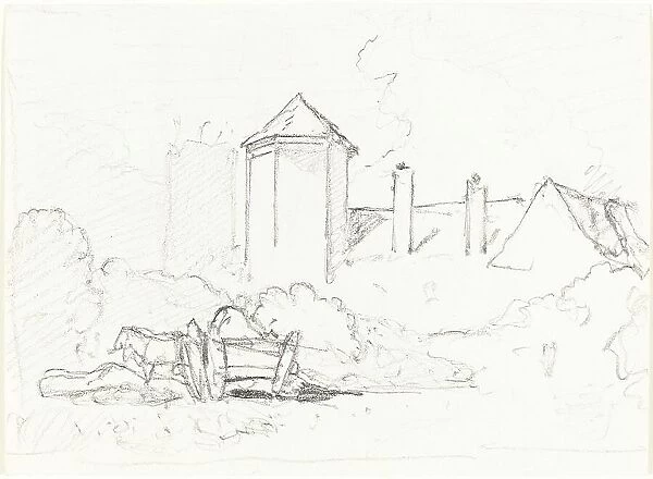Sketch of Buildings with Cart and Horses in Foreground. Creator: John Sell Cotman
