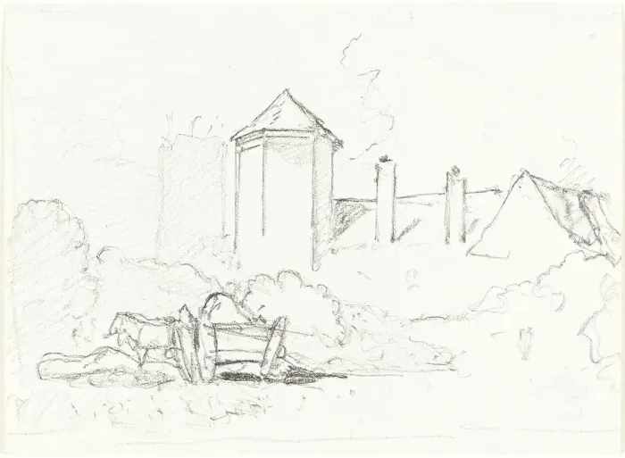 Framed Print : Sketch of Buildings with Cart and Horses in Foreground. Creator: John Sell Cotman Framed Print : Sketch of Buildings with Cart and Horses in Foreground. Creator: John Sell Cotman