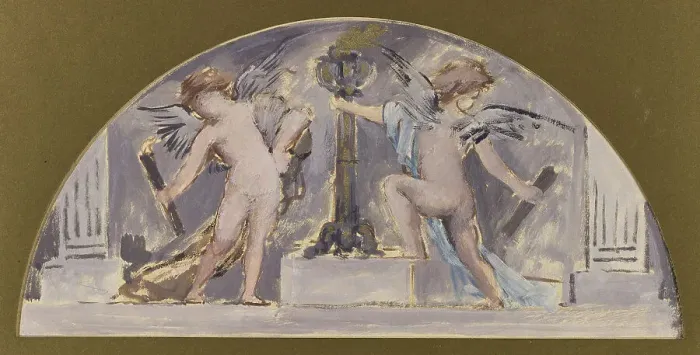 Framed Print : Sketch for the dining room of the Hotel de Ville, two Cupids lighting a flare, 1893. Creator: Francois Lafon