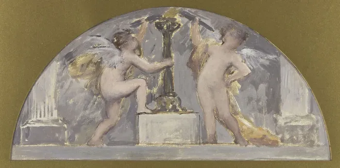 Framed Print : Sketch for the dining room of the Hotel de Ville, two Cupids each holding a torch... c1893 Creator: Francois Lafon Framed Print : Sketch for the dining room of the Hotel de Ville, two Cupids each holding a torch... c1893 Creator: Francois Lafon