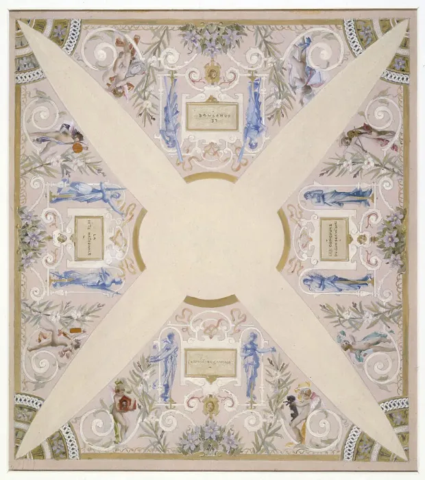 Framed Print : Sketch for the festival staircase at the Hotel de Ville in Paris: July, between 1888 and 1898. Creator: Luc Olivier Merson Framed Print : Sketch for the festival staircase at the Hotel de Ville in Paris: July, between 1888 and 1898. Creator: Luc Olivier Merson