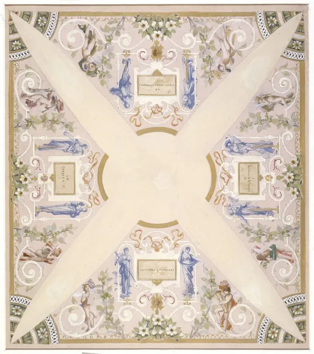 Framed Print : Sketch for the festival staircase at the Hotel de Ville in Paris: September, between 1888 -1898. Creator: Luc Olivier Merson Framed Print : Sketch for the festival staircase at the Hotel de Ville in Paris: September, between 1888 -1898. Creator: Luc Olivier Merson