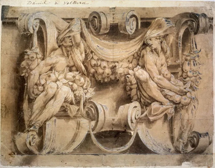 Framed Print : Sketch for a frieze with two cariatides, 1546-1554. Artist: Lelio Orsi Framed Print : Sketch for a frieze with two cariatides, 1546-1554. Artist: Lelio Orsi