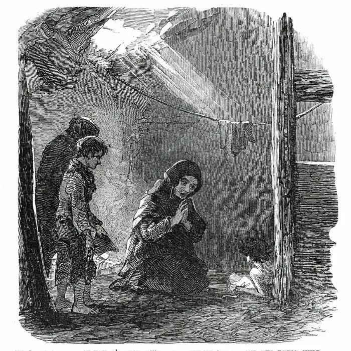Framed Print : Sketch in a House at Fahey's Quay, Ennis - the Widow Connor and her Dying Child, 1850. Creator: Unknown Framed Print : Sketch in a House at Fahey's Quay, Ennis - the Widow Connor and her Dying Child, 1850. Creator: Unknown