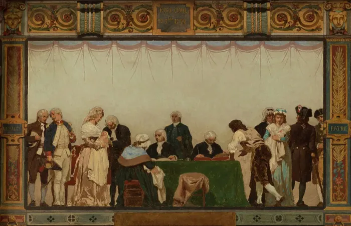 Framed Print : Sketch for the reception hall of the town hall of the 20th arrondissement: Birth, homeland... 1884. Creator: Jules Didier Framed Print : Sketch for the reception hall of the town hall of the 20th arrondissement: Birth, homeland... 1884. Creator: Jules Didier