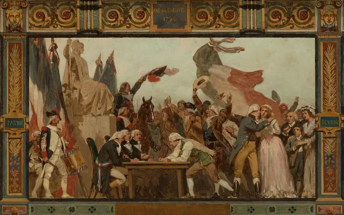 Framed Print : Sketch for the reception hall of the town hall of the 20th arrondissement: Birth, homeland... 1884. Creator: Jules Didier Framed Print : Sketch for the reception hall of the town hall of the 20th arrondissement: Birth, homeland... 1884. Creator: Jules Didier
