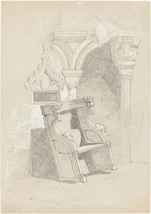 Framed Print : Sketch of Ruined Church Interior with Chair. Creator: John Sell Cotman Framed Print : Sketch of Ruined Church Interior with Chair. Creator: John Sell Cotman