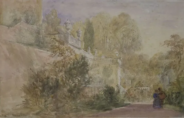 Framed Print : Sketch of the Terrace in Garden of Powis Castle, 1845. Creator: David Cox the Elder Framed Print : Sketch of the Terrace in Garden of Powis Castle, 1845. Creator: David Cox the Elder