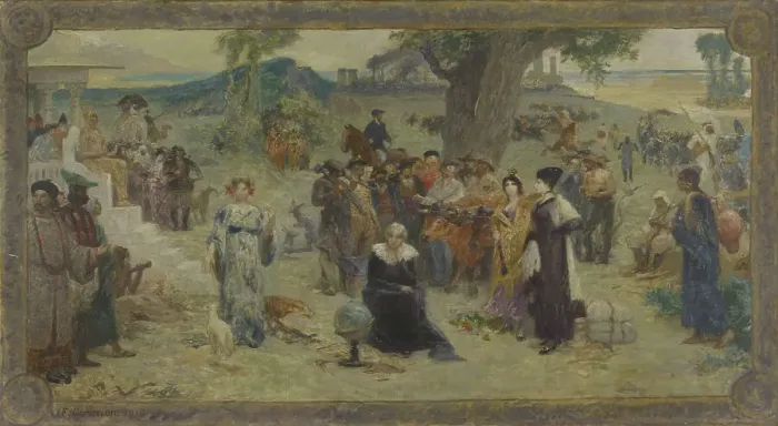 Framed Print : Sketch for the town hall of Bois-Colombes: the five continents, 1919. Creator: Fernand Cormon