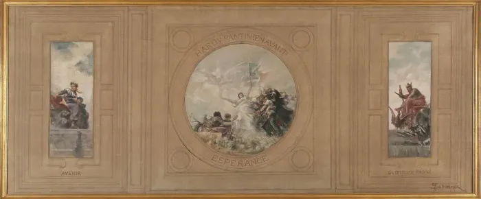 Framed Print : Sketch for the town hall at Pantin : The Future; Hardy Pantin! Onwards!. Hope. Past Glory, 1886. Creator: Francois Schommer Framed Print : Sketch for the town hall at Pantin : The Future; Hardy Pantin! Onwards!. Hope. Past Glory, 1886. Creator: Francois Schommer