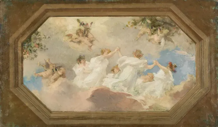 Framed Print : Sketch for the town hall of Suresnes: Circle of bacchantes (central ceiling), 1898. Creator: Edouard Michel Lancon Framed Print : Sketch for the town hall of Suresnes: Circle of bacchantes (central ceiling), 1898. Creator: Edouard Michel Lancon