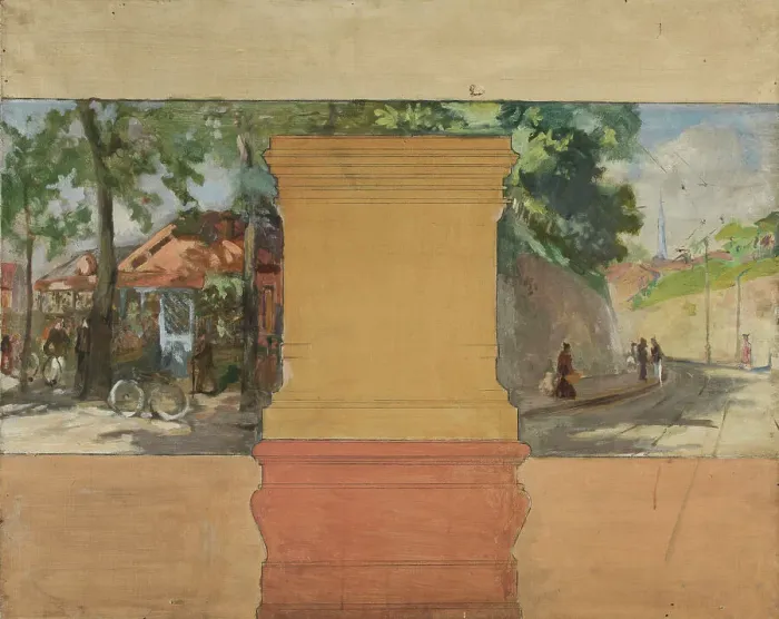 Framed Print : Sketch for the town hall of Vanves: View of Vanves with guinguette, 1902. Creator: Paul Leon Felix Schmitt Framed Print : Sketch for the town hall of Vanves: View of Vanves with guinguette, 1902. Creator: Paul Leon Felix Schmitt